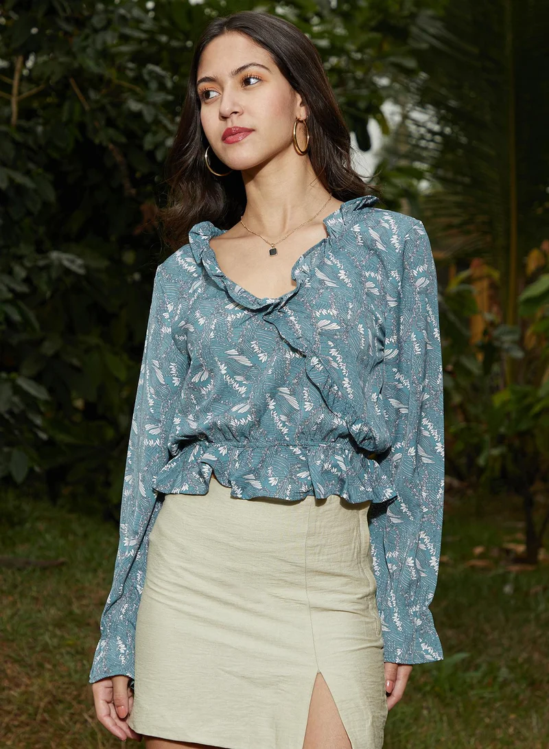 بينيا كولادا Women's Sea Green Foliage Ruffle Top