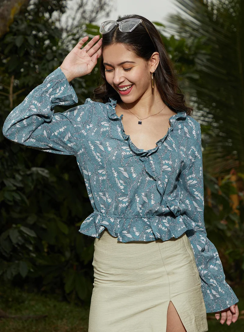 بينيا كولادا Women's Sea Green Foliage Ruffle Top