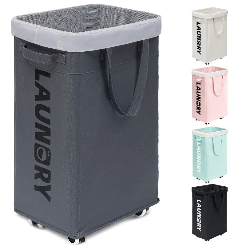Goodpick Laundry Basket with Wheels, Laundry Hamper with Removable Wash Bag, Clothes Hamper, Rolling Laundry Basket, Dorm Room Essentials, 75L, Grey - Image 1