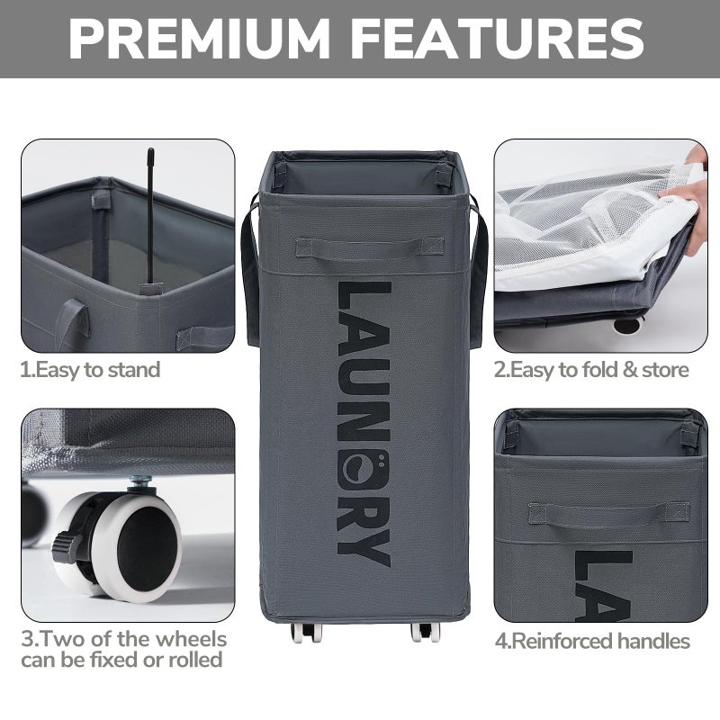 Goodpick Laundry Basket with Wheels, Laundry Hamper with Removable Wash Bag, Clothes Hamper, Rolling Laundry Basket, Dorm Room Essentials, 75L, Grey - Image 4