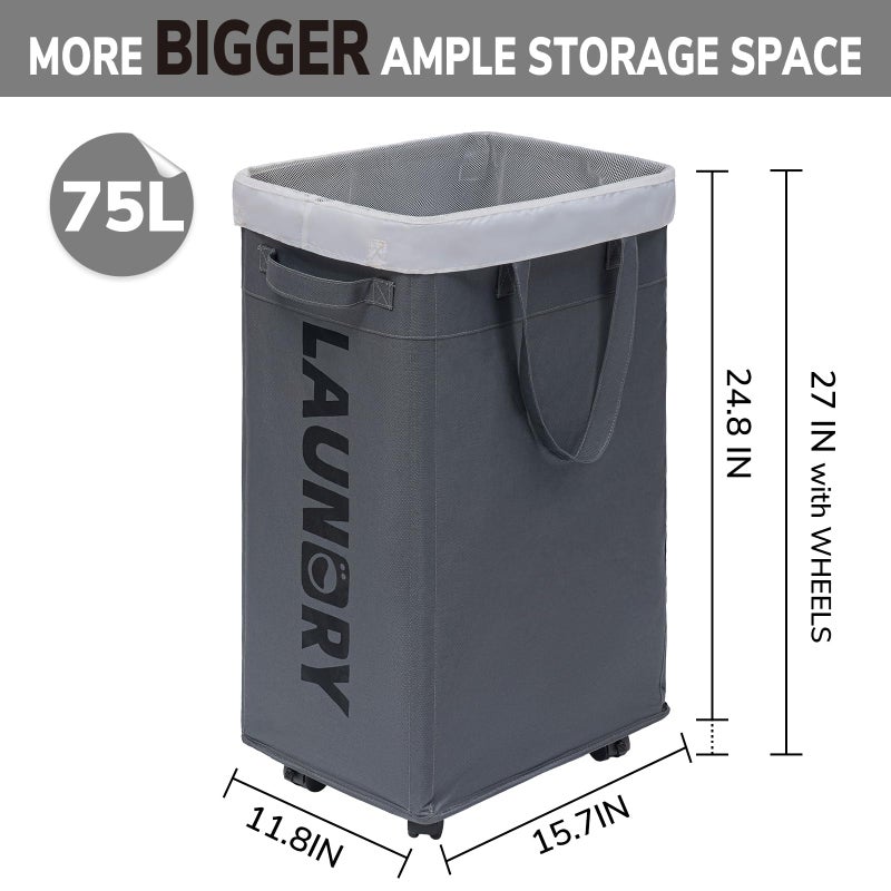 Goodpick Laundry Basket with Wheels, Laundry Hamper with Removable Wash Bag, Clothes Hamper, Rolling Laundry Basket, Dorm Room Essentials, 75L, Grey - Image 3