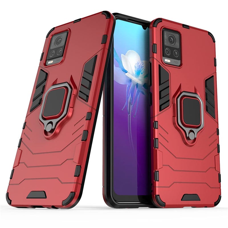 MaiJin Compatible with VIVO V20 Case Metal Ring Grip Kickstand Bumper Works with Magnetic Car Mount Dual Layer Rugged Cover Red