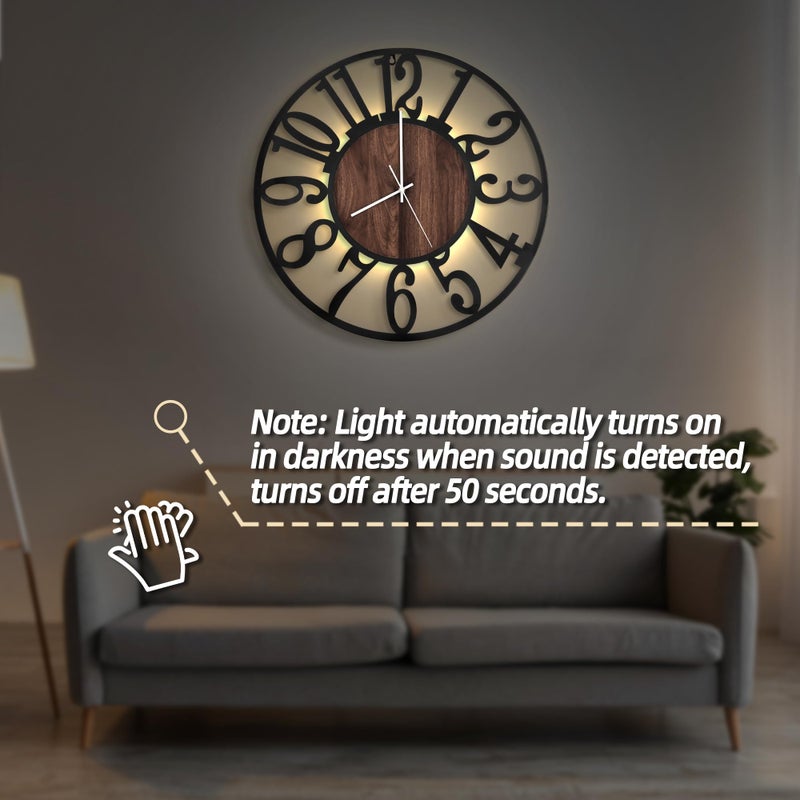 LEIKE Large Wall Clocks with Night Light Battery Operated,Silent Non Ticking,Rustic Modern Big Wood Clock for Living Room, Bedroom,Kitchen,Farmhouse,Office,Home Decor-24 Inch(Black-Arabic Number) - Image 5