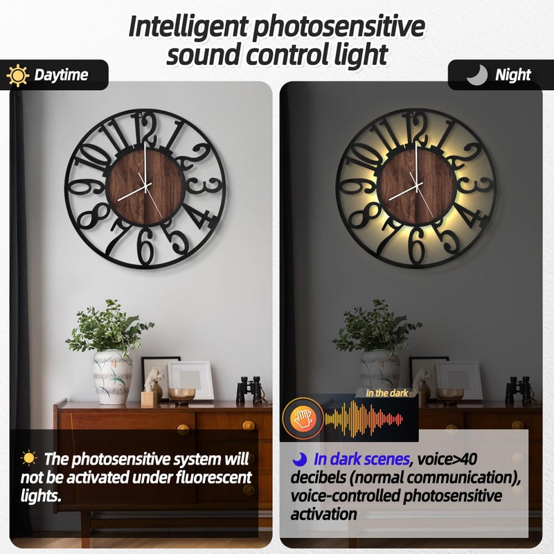 LEIKE Large Wall Clocks with Night Light Battery Operated,Silent Non Ticking,Rustic Modern Big Wood Clock for Living Room, Bedroom,Kitchen,Farmhouse,Office,Home Decor-24 Inch(Black-Arabic Number) - Image 2