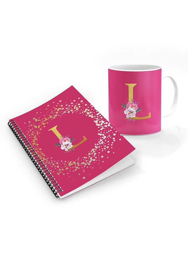 Stylizedd Printed Coffee Mug + A5 Spiral Notebook Memo Personalised Combo Gift Set Custom Monogram Initial Letter Floral Pattern Alphabet -  L (Pink Rose)