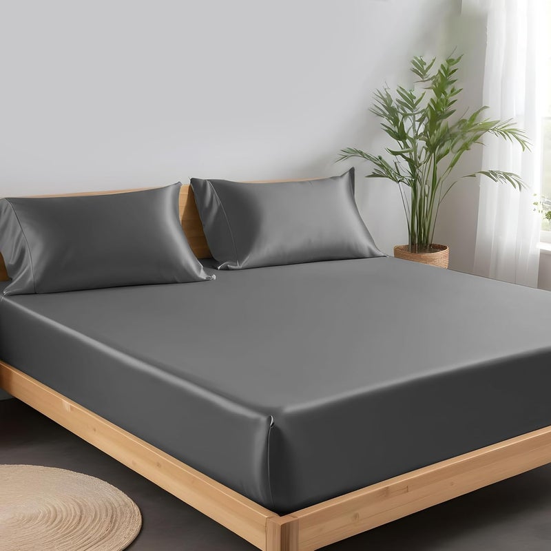 LINENWALAS Super King Fitted Sheet Only, 100% Organic Bamboo Silk Fitted Sheet, Up to 16 Inches (40 cm) Deep Pocket Bottom Sheet, Soft, Cooling, Bedding Fitted Sheet (Charcoal Grey, Super King) - Image 2