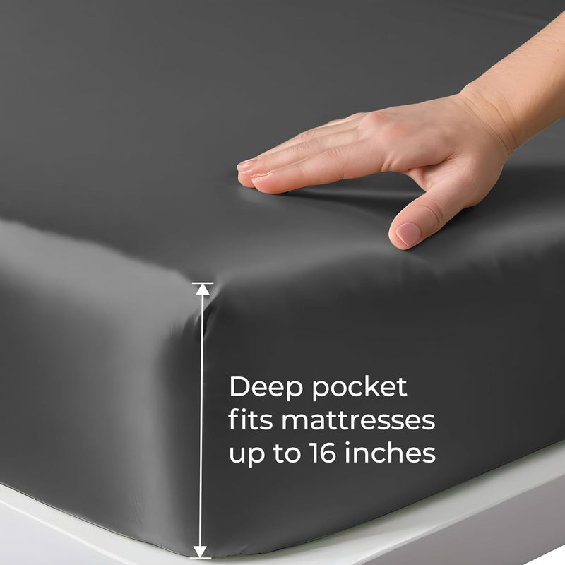LINENWALAS Super King Fitted Sheet Only, 100% Organic Bamboo Silk Fitted Sheet, Up to 16 Inches (40 cm) Deep Pocket Bottom Sheet, Soft, Cooling, Bedding Fitted Sheet (Charcoal Grey, Super King) - Image 3