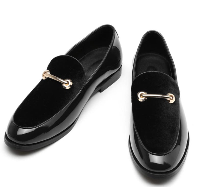 Fenlogft Men's Velvet Patent Leather Slip-on Dress Shoes Business and Parties Formal Events Smoking Slippers Loafers (Velvet Black,8.5) - Image 1