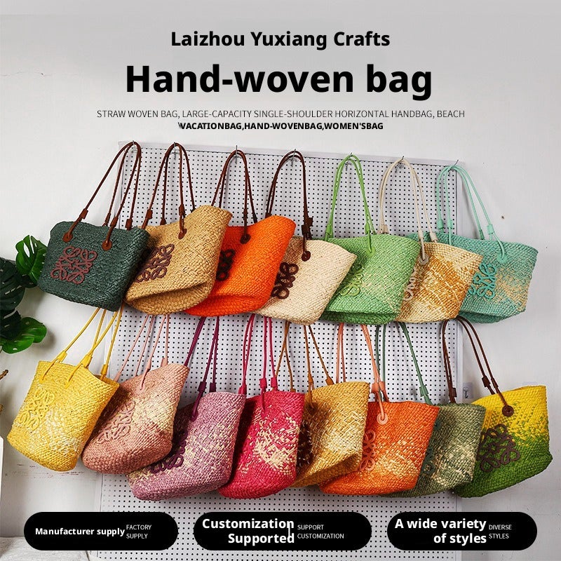 French Large Capacity Multicolor Straw Beach Shoulder Bag - Image 1