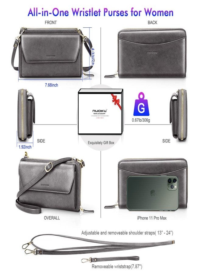 nuoku Womens RFID Wallet Purse Wristlet Crossbody Clutch with Zip Around 2 Strap, Color Gray - Image 4