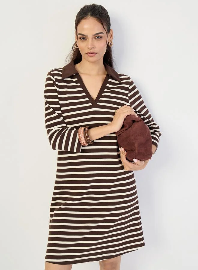 Femmella  Brown Striped Polo Knit Knee Length Dress for Women | Best Price UAE