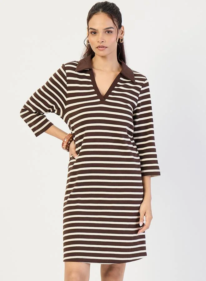 Brown Striped Polo Knit Knee Length Dress