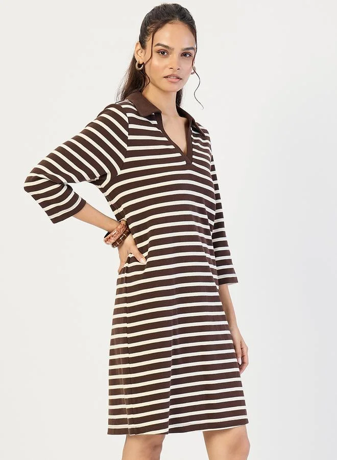 Femmella  Brown Striped Polo Knit Knee Length Dress for Women | Best Price UAE