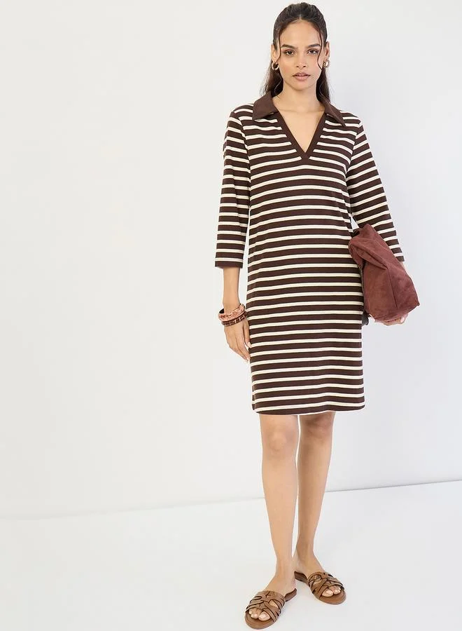 Femmella  Brown Striped Polo Knit Knee Length Dress for Women | Best Price UAE