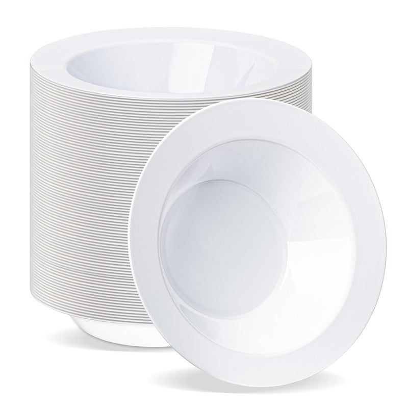 BESTVIP 100 Pack 12 oz White Plastic Bowls, Disposable Soup Bowls, Heavy-duty Dessert Salad Bowl for Christmas, Party, Wedding, Dinner, Catering - Image 1
