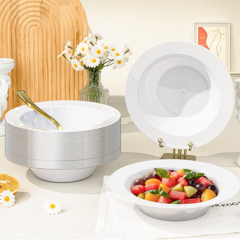 BESTVIP 100 Pack 12 oz White Plastic Bowls, Disposable Soup Bowls, Heavy-duty Dessert Salad Bowl for Christmas, Party, Wedding, Dinner, Catering - Image 4