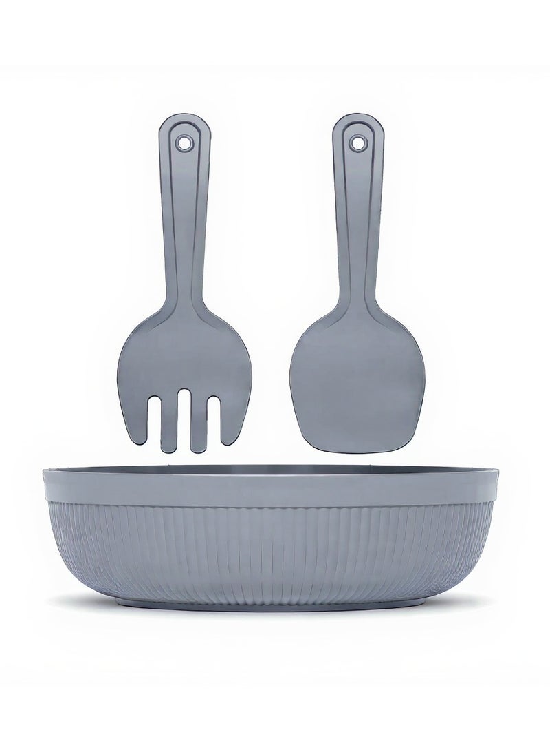 Salad Bowl with Serving Spoons Large Line Chef Salad Set with Mixing Bowl and Utensils for Kitchen & Dining 4000 ml (Grey) - Image 1
