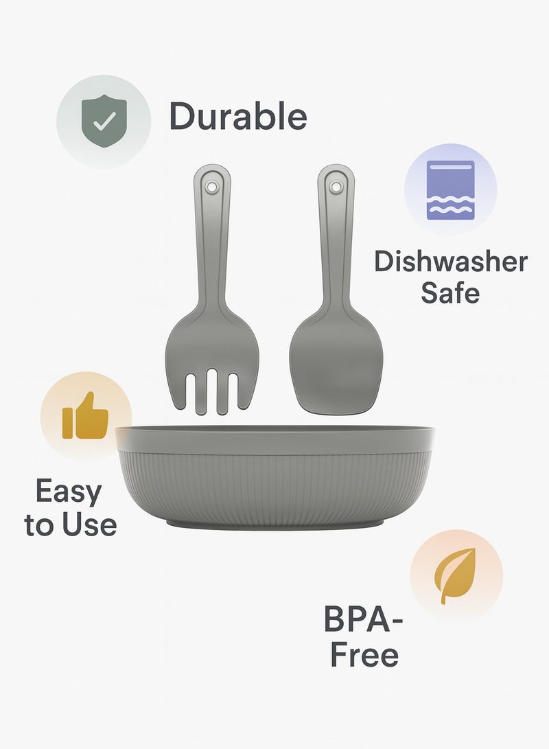 Salad Bowl with Serving Spoons Large Line Chef Salad Set with Mixing Bowl and Utensils for Kitchen & Dining 4000 ml (Grey) - Image 5