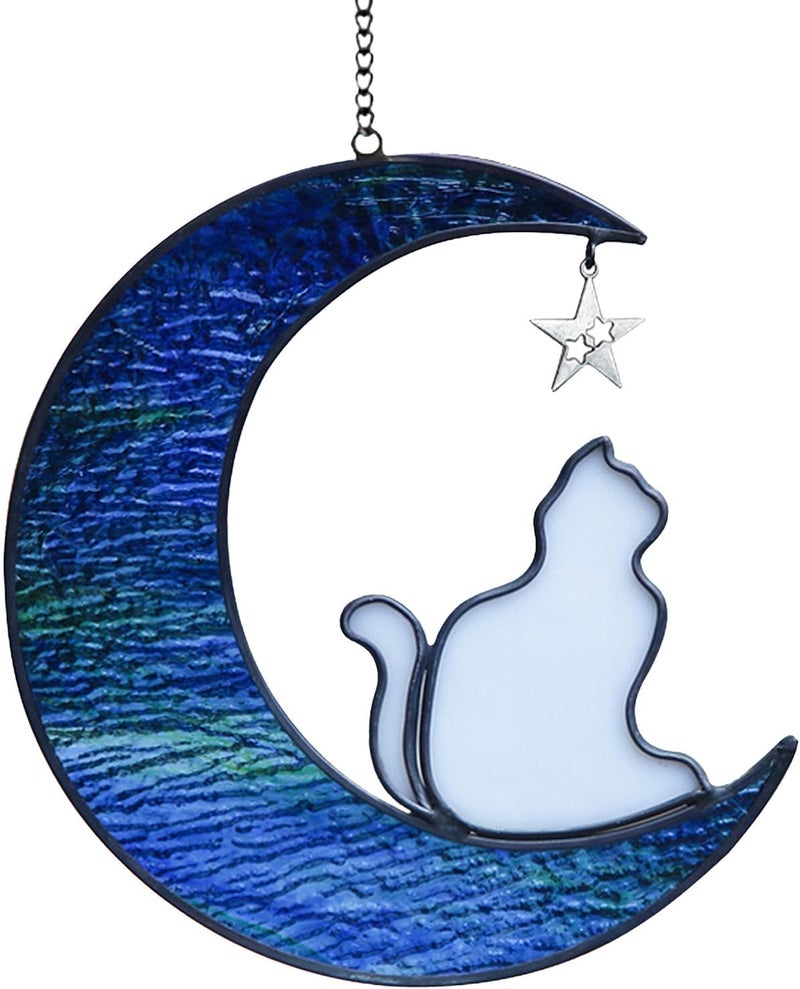 YT3 Studio Cat Memorial Gifts Ornament, Cat on Moon Stained Glass Window Hanging, Cat Suncatcher Decor, Pet Memorial Gifts for Cat, Cat Themed Gifts for Cat Lovers, Cat Remembrance Gifts for Women, Mom - Image 1