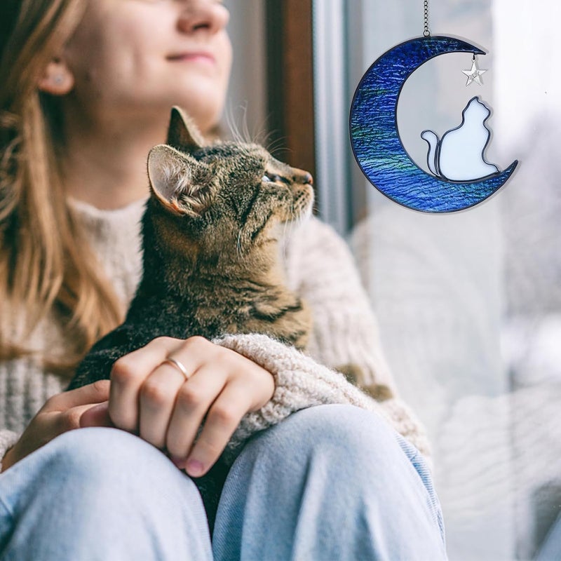 YT3 Studio Cat Memorial Gifts Ornament, Cat on Moon Stained Glass Window Hanging, Cat Suncatcher Decor, Pet Memorial Gifts for Cat, Cat Themed Gifts for Cat Lovers, Cat Remembrance Gifts for Women, Mom - Image 3