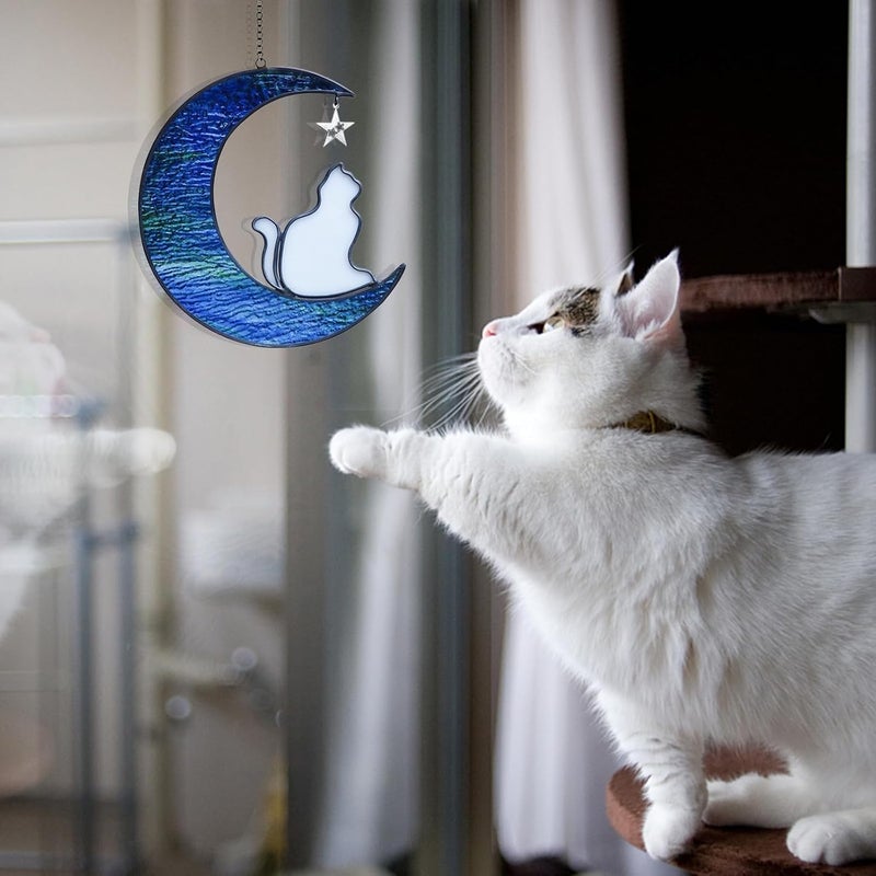 YT3 Studio Cat Memorial Gifts Ornament, Cat on Moon Stained Glass Window Hanging, Cat Suncatcher Decor, Pet Memorial Gifts for Cat, Cat Themed Gifts for Cat Lovers, Cat Remembrance Gifts for Women, Mom - Image 4