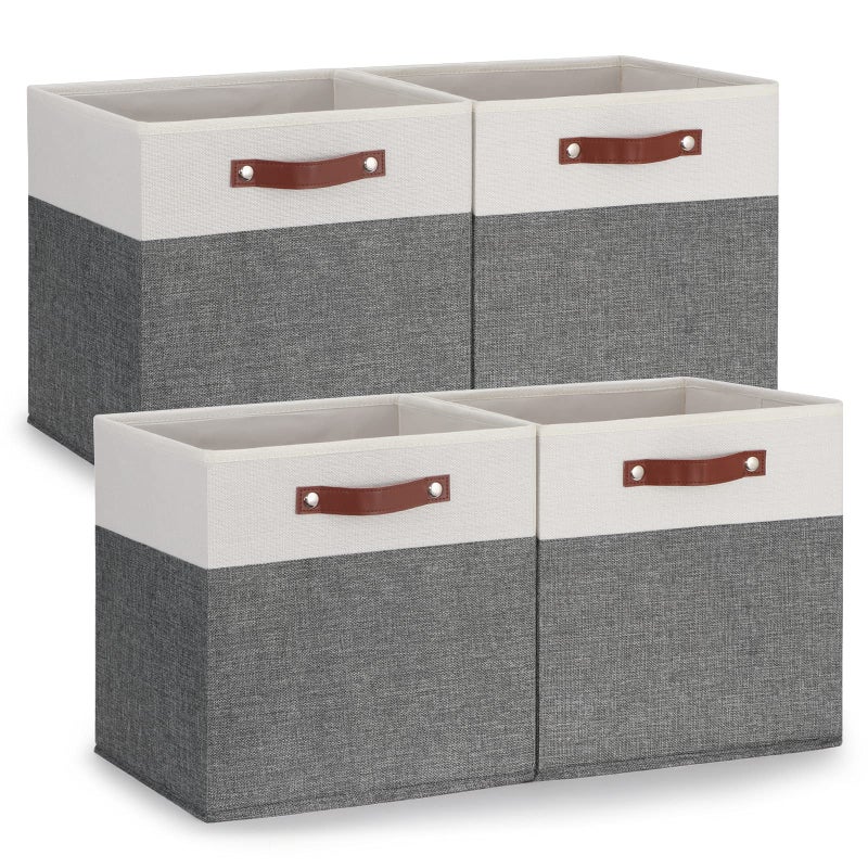 Temary 13x13 Storage Cubes 4 Pack Fabric Cube Storage Bins Large Storage Baskets with Leather Handles Decorative Storage Boxes for Organizing Closet Clothes Foldable Cloth Baskets for Shelves