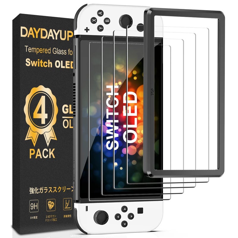 daydayup [4 Pack] Tempered Glass Screen Protector Compatible with Nintendo Switch OLED Model 2021 - with [Alignment Frame] Transparent HD Clear Screen Protector for Accessories & Console - Image 1