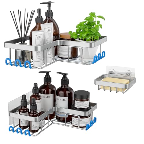 YUMUN Stainless Steel 3-Pack,Bathroom Organiser Without Drill, Shower Caddy, Adhesive Shower Caddy With Soap Holder And 12 Hooks, Rustproof Stainless, Bathroom Corner Shelf, Bathroom Organizer - Image 1