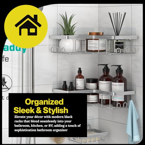 YUMUN Stainless Steel 3-Pack,Bathroom Organiser Without Drill, Shower Caddy, Adhesive Shower Caddy With Soap Holder And 12 Hooks, Rustproof Stainless, Bathroom Corner Shelf, Bathroom Organizer - Image 5