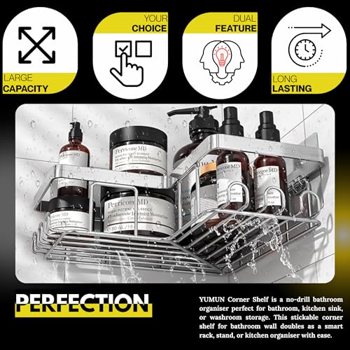 YUMUN Stainless Steel 3-Pack,Bathroom Organiser Without Drill, Shower Caddy, Adhesive Shower Caddy With Soap Holder And 12 Hooks, Rustproof Stainless, Bathroom Corner Shelf, Bathroom Organizer - Image 3