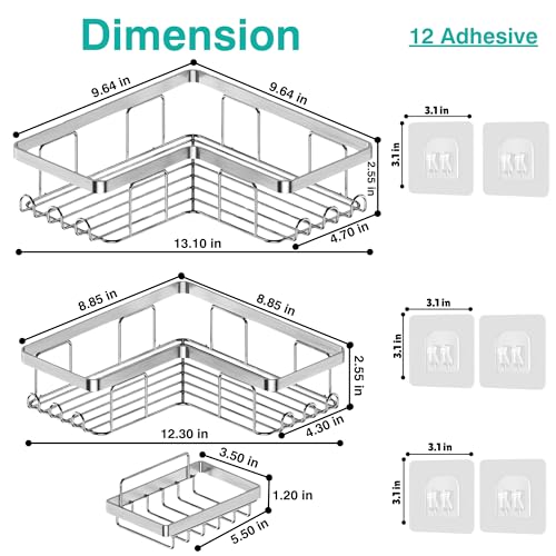 YUMUN Stainless Steel 3-Pack,Bathroom Organiser Without Drill, Shower Caddy, Adhesive Shower Caddy With Soap Holder And 12 Hooks, Rustproof Stainless, Bathroom Corner Shelf, Bathroom Organizer - Image 2