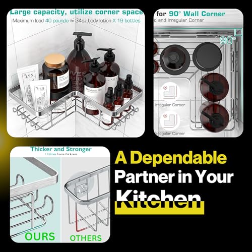 YUMUN Stainless Steel 3-Pack,Bathroom Organiser Without Drill, Shower Caddy, Adhesive Shower Caddy With Soap Holder And 12 Hooks, Rustproof Stainless, Bathroom Corner Shelf, Bathroom Organizer - Image 4