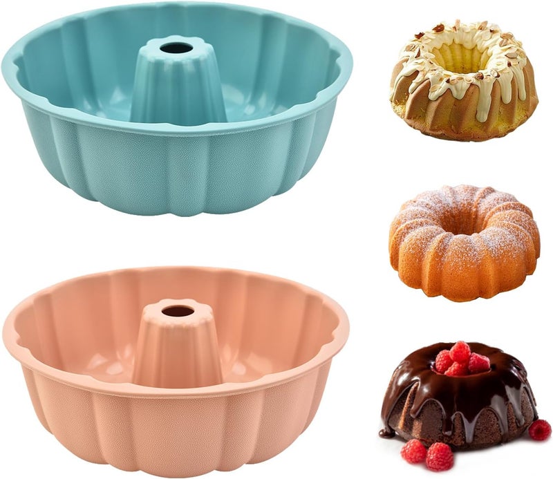 PADELE 2 Pack Silicone Bundt Cake Pan Nonstick,10 Inch, Silicone Cake Molds,Pound Cake Pan, Baking Pan for Jello,Gelatin,Cake,Brownie and Bread（Pink+Blue） - Image 1