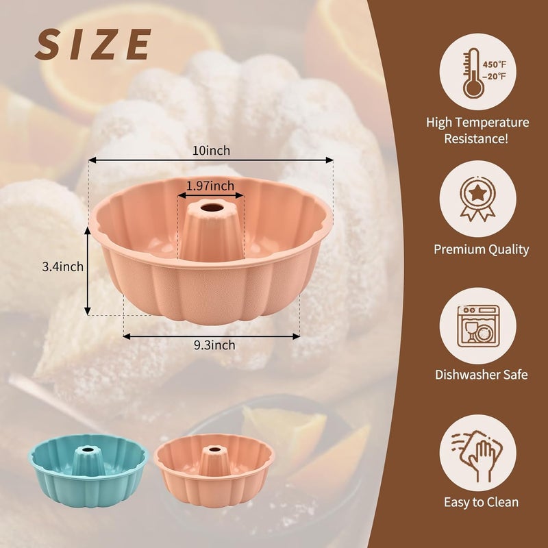 PADELE 2 Pack Silicone Bundt Cake Pan Nonstick,10 Inch, Silicone Cake Molds,Pound Cake Pan, Baking Pan for Jello,Gelatin,Cake,Brownie and Bread（Pink+Blue） - Image 2