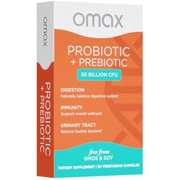 Omax3 Omax Prebiotic & Probiotic 50 Billion CFU + Chicory Inulin, 10 Strains, Reduce Bloating, Digestion, SIBO, Leaky Gut, Vaginal pH, Acidophilus, Vegan, Dairy Free, Gluten Free, Blister Packaged - Image 1