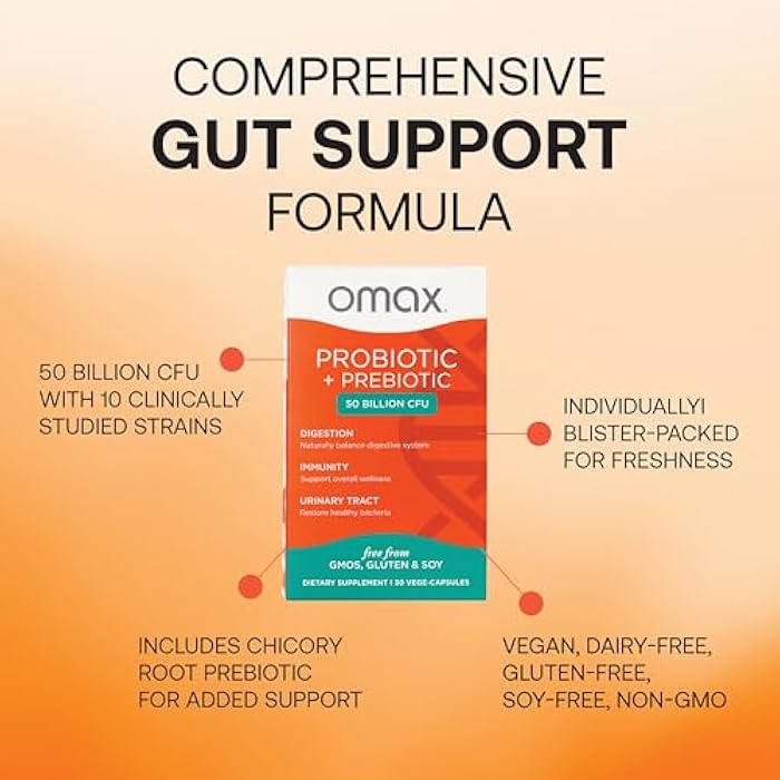 Omax3 Omax Prebiotic & Probiotic 50 Billion CFU + Chicory Inulin, 10 Strains, Reduce Bloating, Digestion, SIBO, Leaky Gut, Vaginal pH, Acidophilus, Vegan, Dairy Free, Gluten Free, Blister Packaged - Image 3