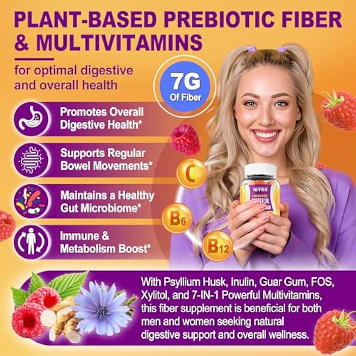 NEVISS Fiber Gummies for Adults with Psyllium Husk, 7G(Soluble + Insoluble) Daily Prebiotic Fiber with Inulin, FOS, Guar Gum, Multivitamins for Daily Digestive Health, Regularity Support,Sugar Free,Pack of 2 - Image 4
