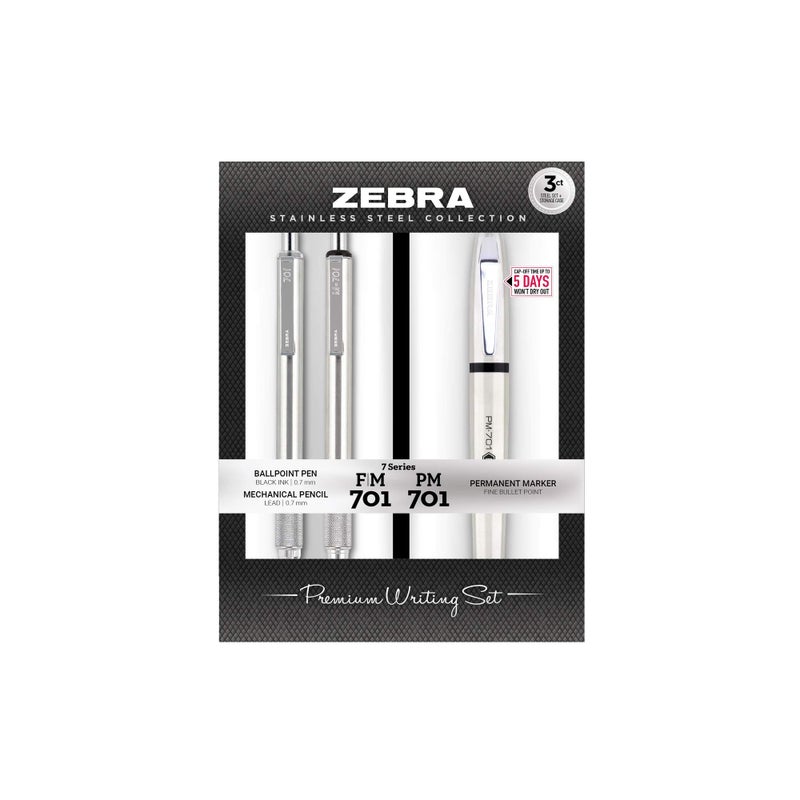 Zebra Pen Premium Steel Writing Set, PM-701 Permanent Marker, F-701 Ballpoint Pen, M-701 Mechanical Pencil, 3-Pack - Image 1