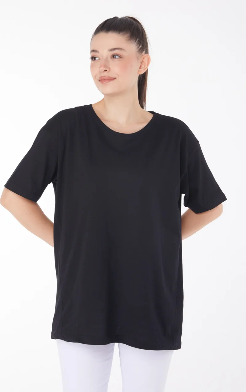 Tofisa Plain Crew Neck Women's Black Short Sleeve T-Shirt - 25398