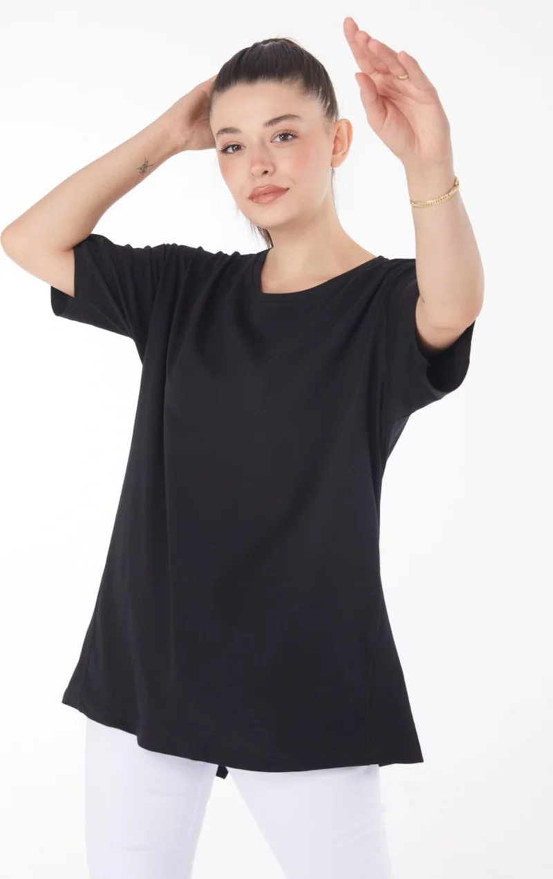 Tofisa Plain Crew Neck Women's Black Short Sleeve T-Shirt - 25398
