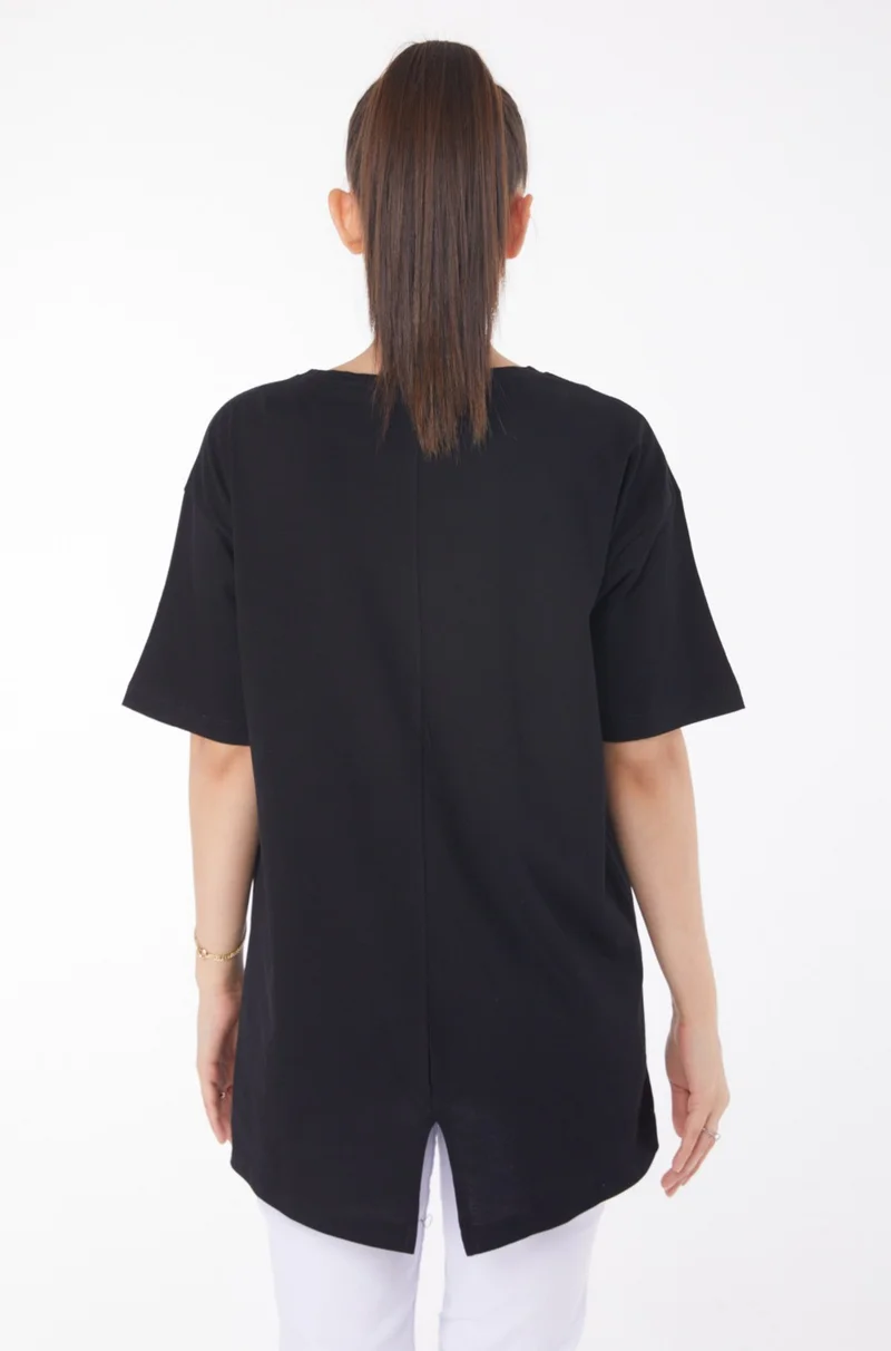Tofisa Plain Crew Neck Women's Black Short Sleeve T-Shirt - 25398