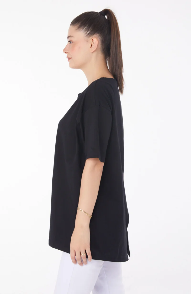 Tofisa Plain Crew Neck Women's Black Short Sleeve T-Shirt - 25398