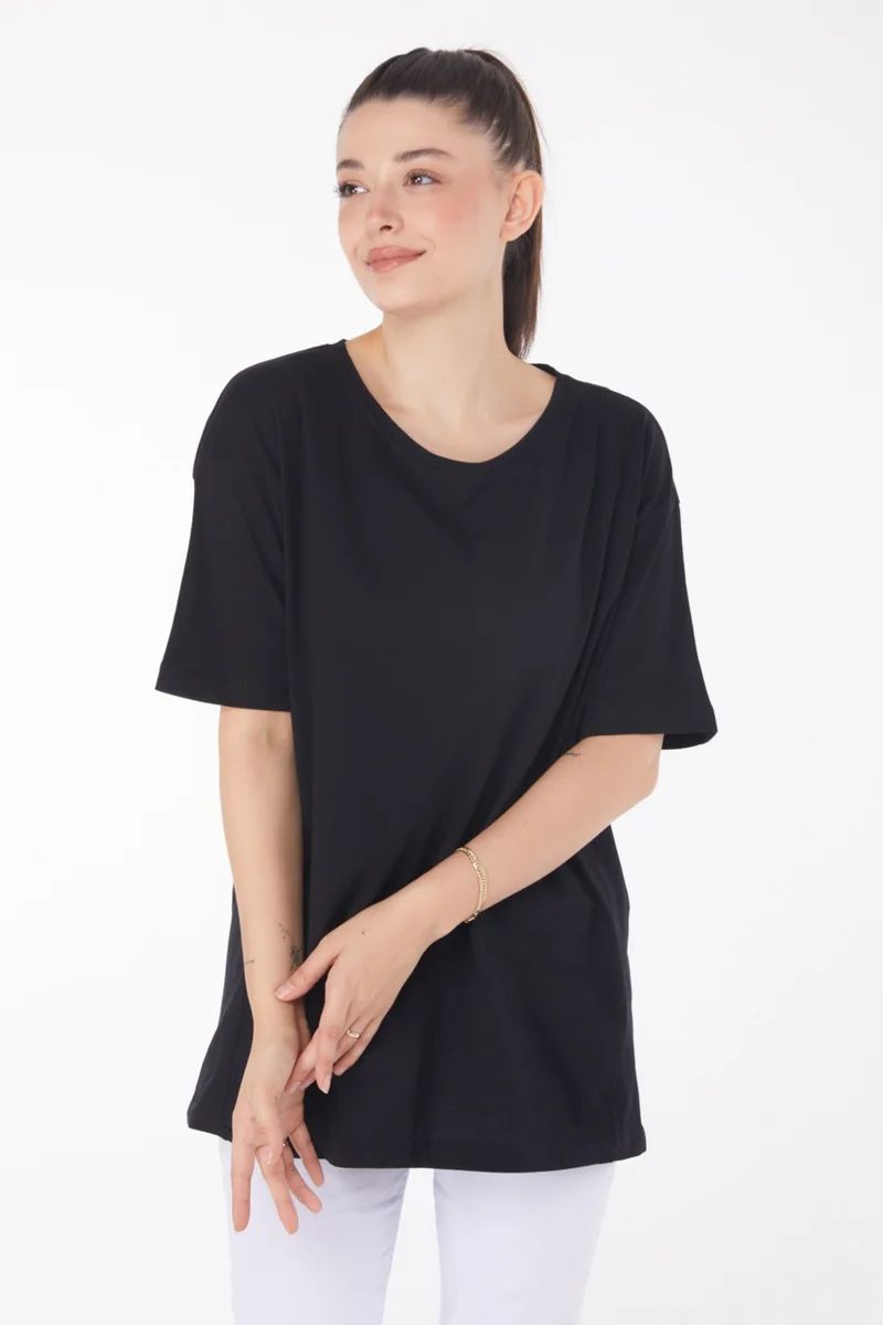 Tofisa Plain Crew Neck Women's Black Short Sleeve T-Shirt - 25398