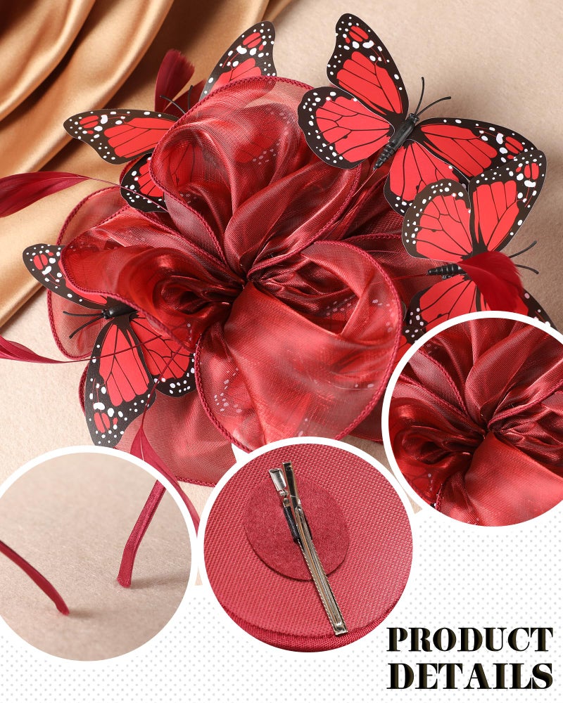 Zinniday Butterfly Tea Party Hat - Wine Red Organza 2026 Derby Attire Hats with Hair Clip, 1920s 50s Monarch Butterfly Fascinators for Lady Woman Girl Masquerade Renaissance Cocktail Party Dress Up - Image 5