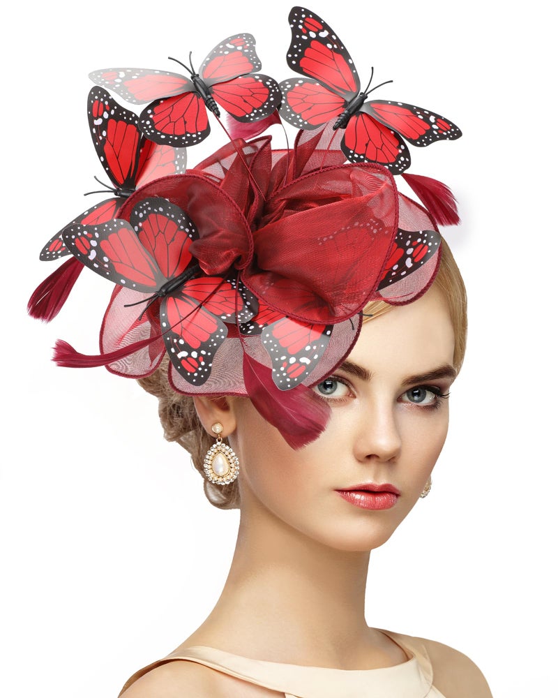 Zinniday Butterfly Tea Party Hat - Wine Red Organza 2026 Derby Attire Hats with Hair Clip, 1920s 50s Monarch Butterfly Fascinators for Lady Woman Girl Masquerade Renaissance Cocktail Party Dress Up - Image 1