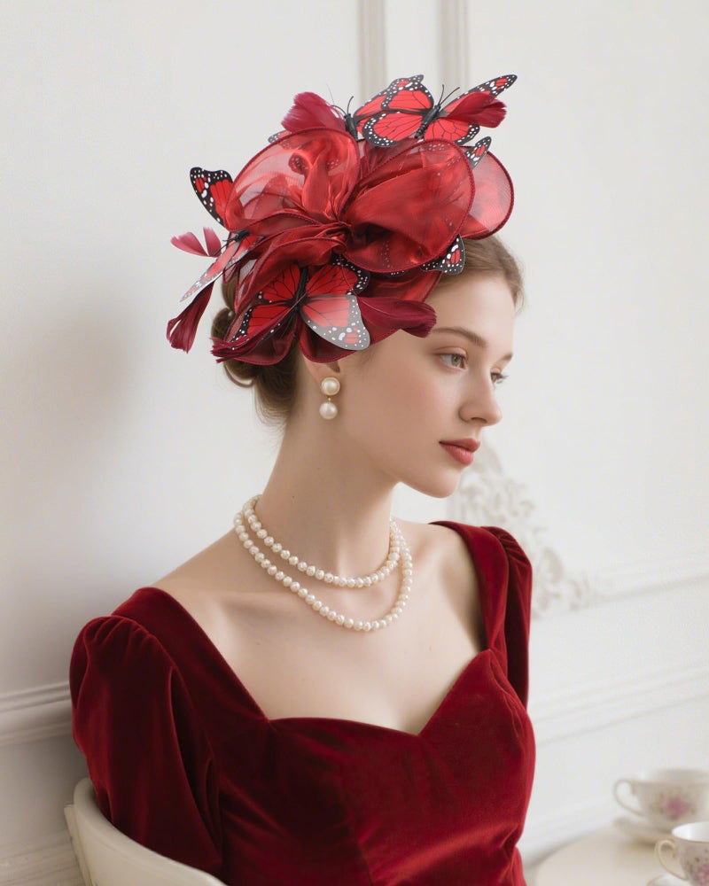 Zinniday Butterfly Tea Party Hat - Wine Red Organza 2026 Derby Attire Hats with Hair Clip, 1920s 50s Monarch Butterfly Fascinators for Lady Woman Girl Masquerade Renaissance Cocktail Party Dress Up - Image 3
