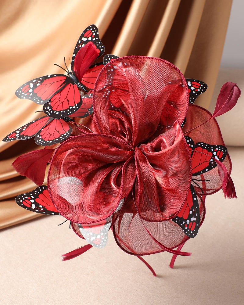 Zinniday Butterfly Tea Party Hat - Wine Red Organza 2026 Derby Attire Hats with Hair Clip, 1920s 50s Monarch Butterfly Fascinators for Lady Woman Girl Masquerade Renaissance Cocktail Party Dress Up - Image 4