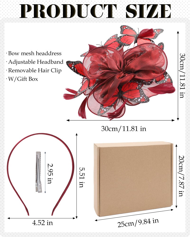 Zinniday Butterfly Tea Party Hat - Wine Red Organza 2026 Derby Attire Hats with Hair Clip, 1920s 50s Monarch Butterfly Fascinators for Lady Woman Girl Masquerade Renaissance Cocktail Party Dress Up - Image 2