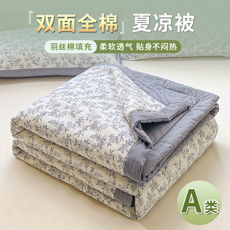 Class A 100 double-sided cotton cotton summer quilt air conditioning quilt summer quilt washable machine washable summer thin quilt single double Moran. [Positive and negative cotton] filled with super soft fiber 