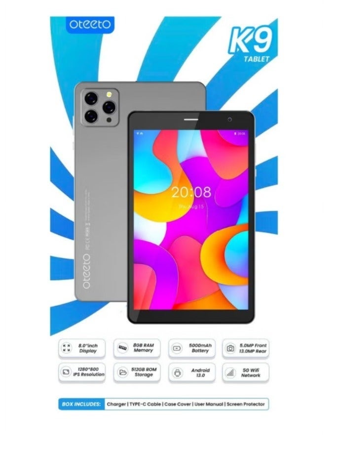 Oteeto Oteeto K9 8-Inch Android 5G Tablet ‚Äì 8GB RAM, 512GB ROM, 5000mAh Battery, Dual SIM, Wi-Fi, Bluetooth ‚Äì Compact & Fast Performance Tablet for Work, Study & Entertainment ‚Äì Grey - Image 5